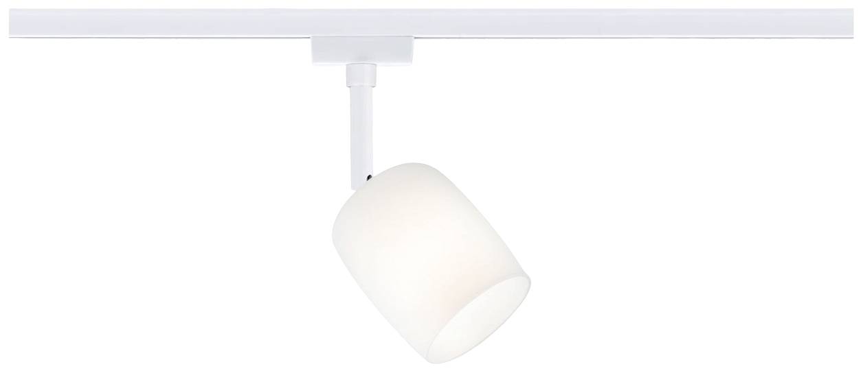 Plafonnier blanc monté sur rail, doté d'un abat-jour cylindrique pivotant. Design épuré et moderne.