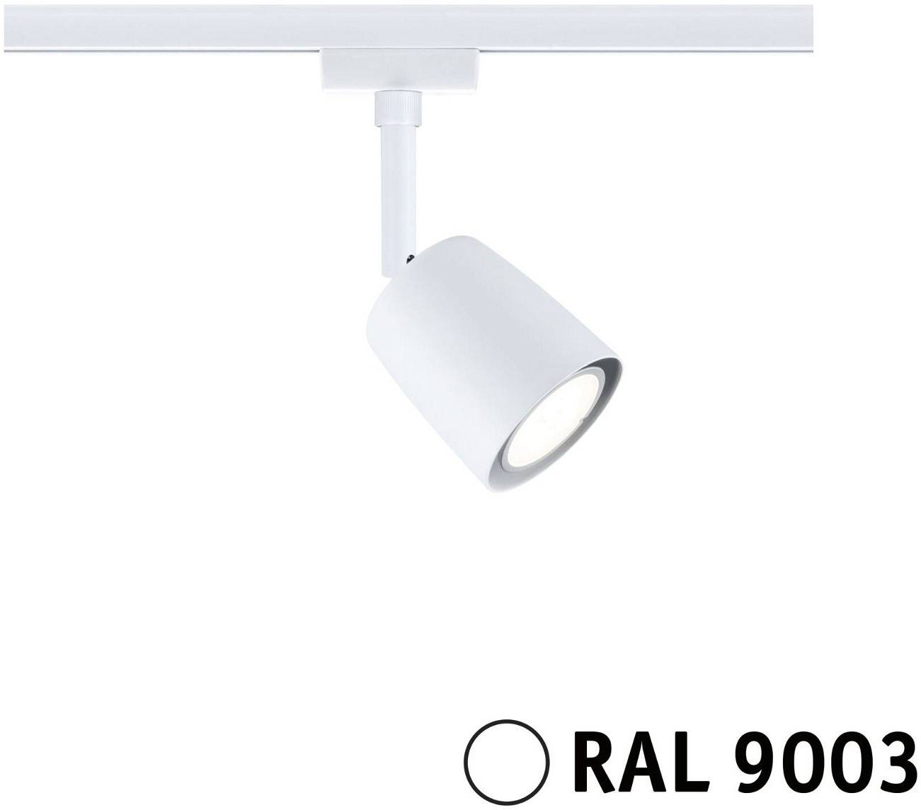 Un projecteur blanc monté sur rail, portant le marquage 'RAL 9003'.