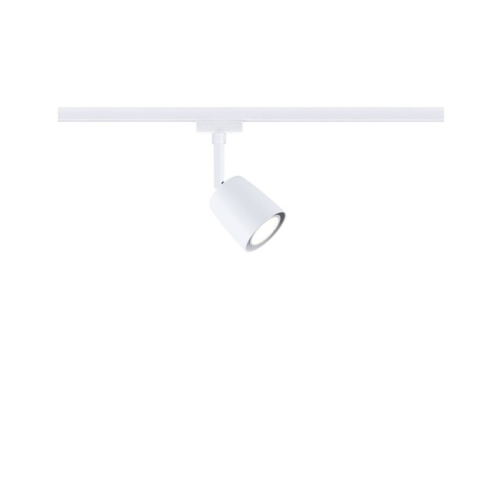 Projecteur sur rail en métal blanc, orientable, monté sur une rail blanche, adapté pour l'éclairage d'accentuation intérieur.