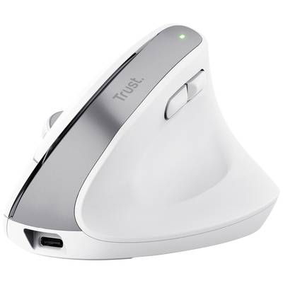 Souris ergonomique verticale en blanc et gris avec deux boutons et une molette de défilement. Elle dispose d'un éclairage vert discret sur sa partie supérieure.