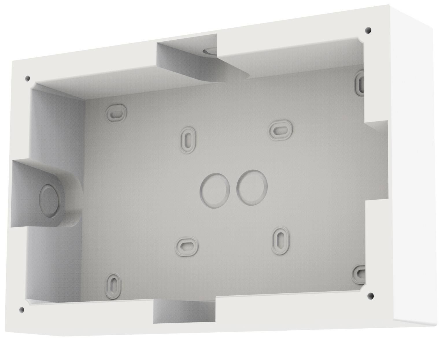 Boîtier rectangulaire blanc avec des découpes rondes pour les installations électriques, cloué aux coins.