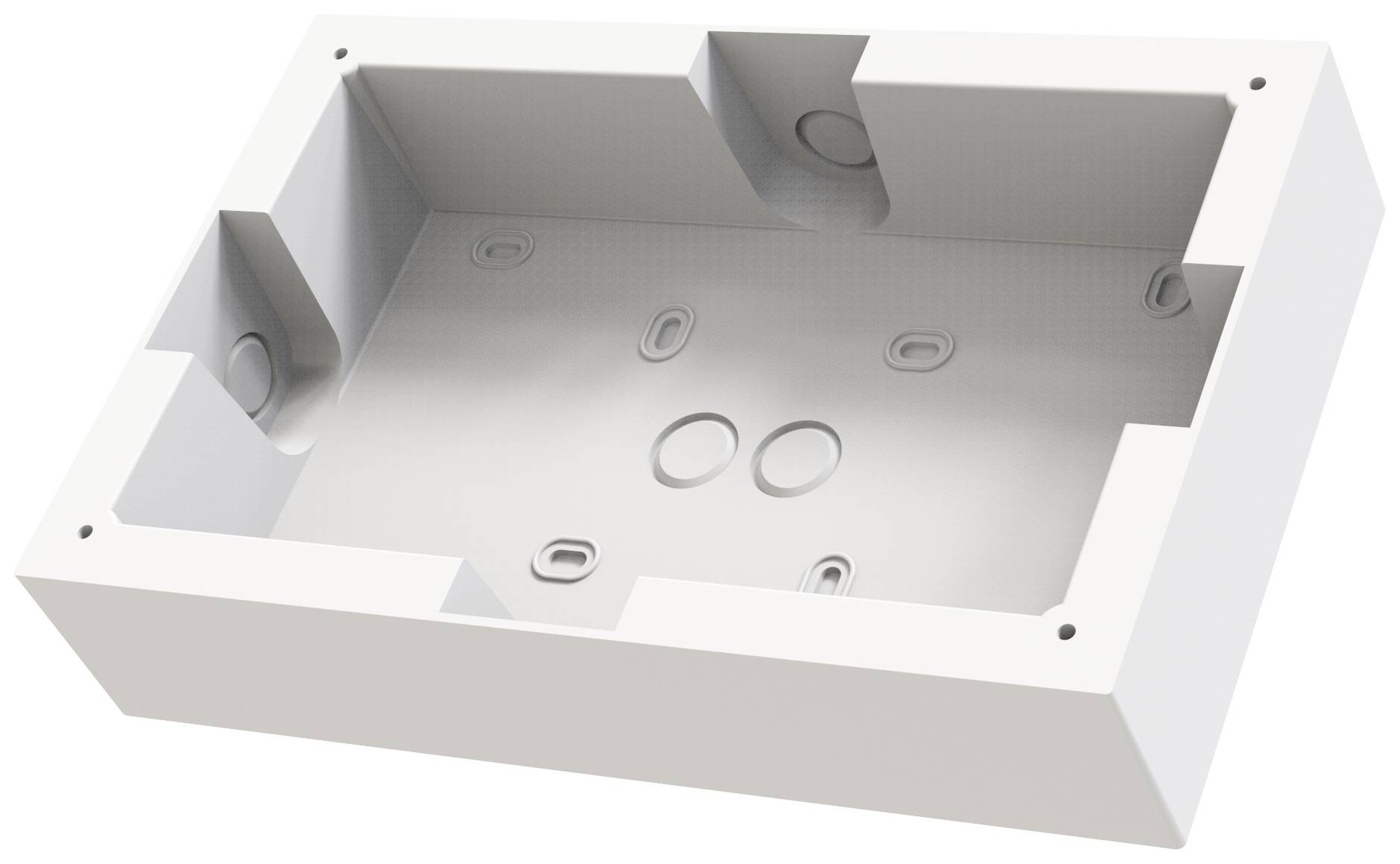 Un boîtier rectangulaire blanc en plastique avec plusieurs ouvertures et cavités, adapté pour accueillir des composants électriques.
