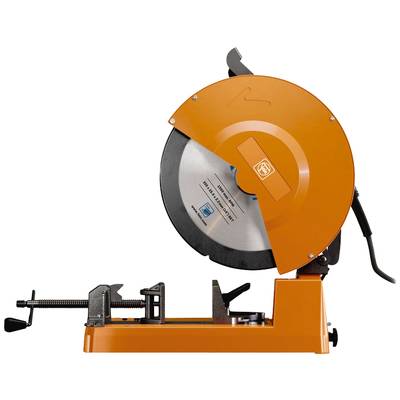 L'illustration montre une scie à métaux de couleur orange vue de côté. Elle est montée sur une table et prête à couper.