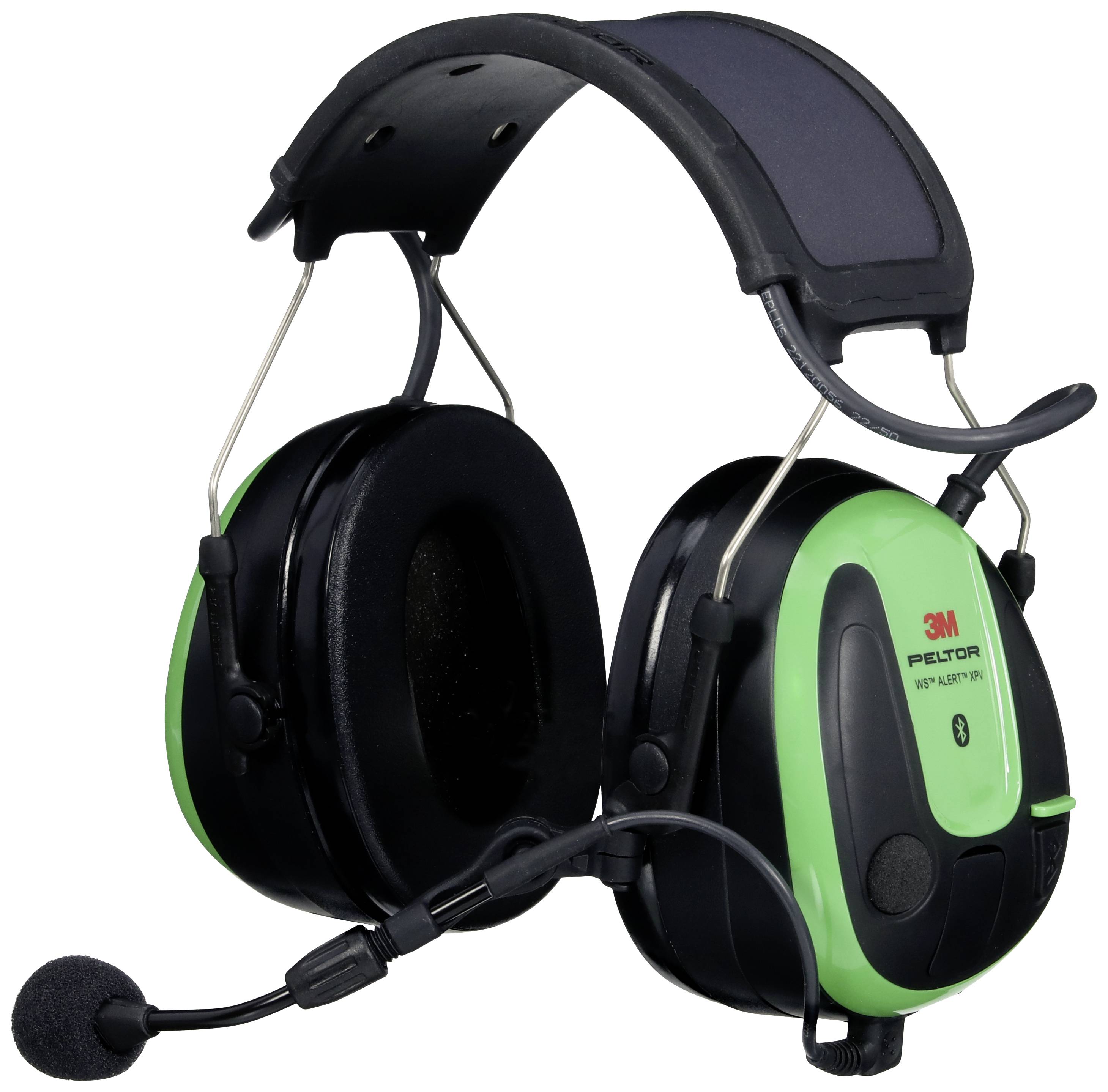 Casque antibruit Peltor noir et vert avec microphone, adapté aux environnements bruyants. Arceau réglable pour un confort optimal.