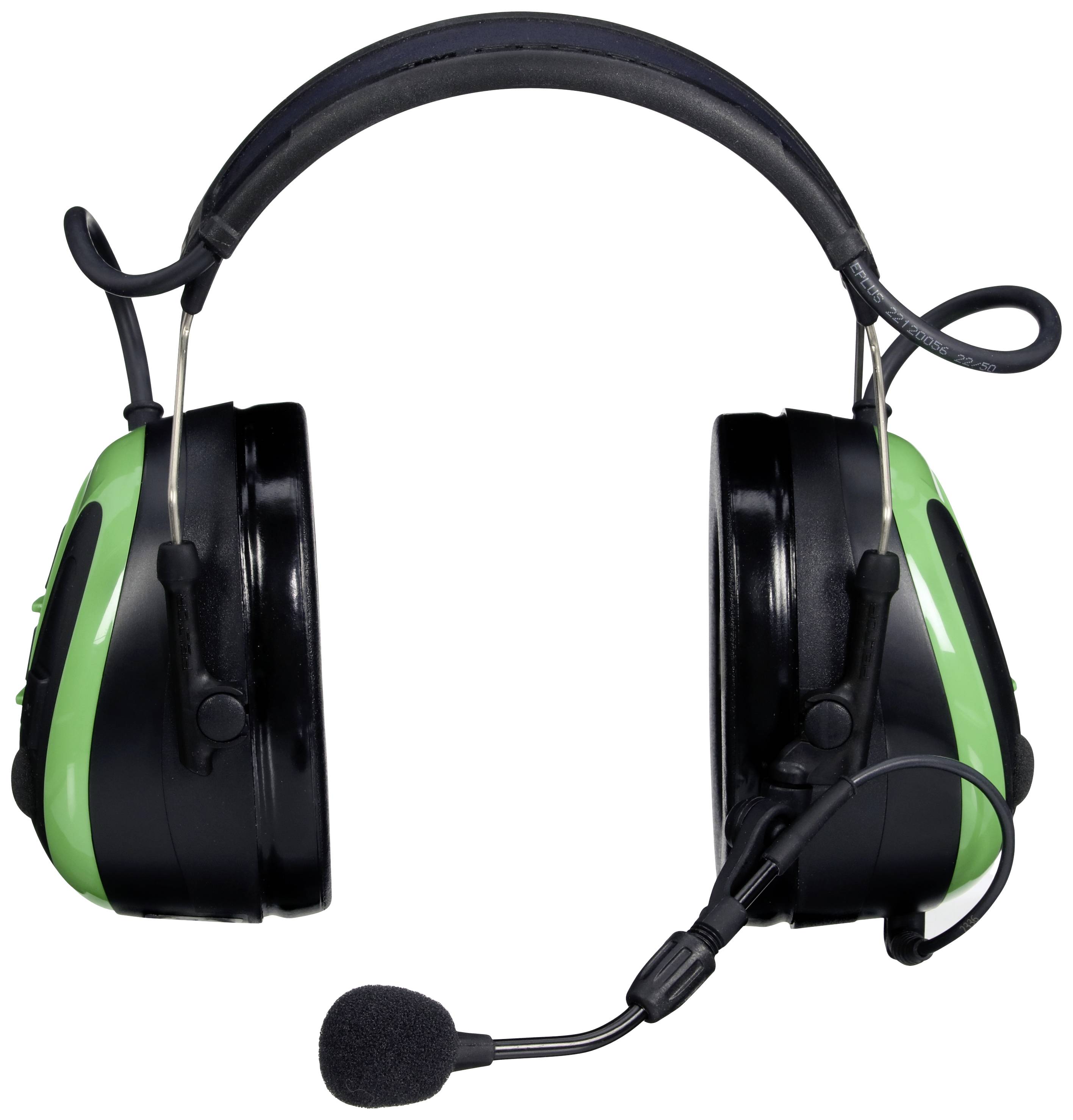 Un casque avec microphone, vert et noir, doté d'écouteurs rembourrés, adapté pour la communication ou la protection contre le bruit.