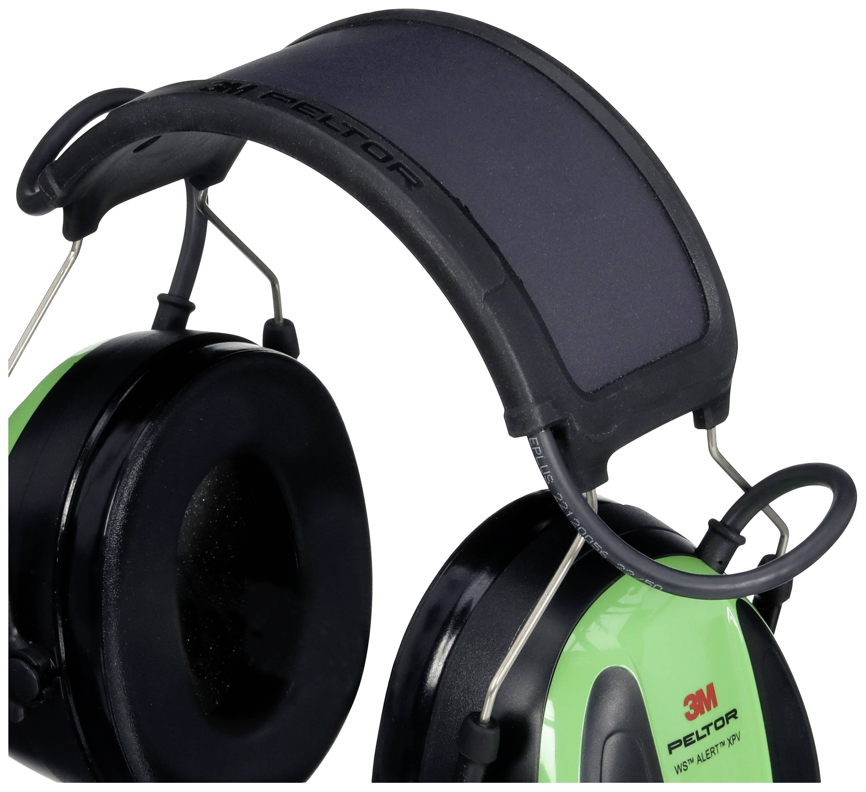 Protège-oreilles vert et noir avec arceau, adapté pour la protection contre le bruit, marque '3M Peltor'.