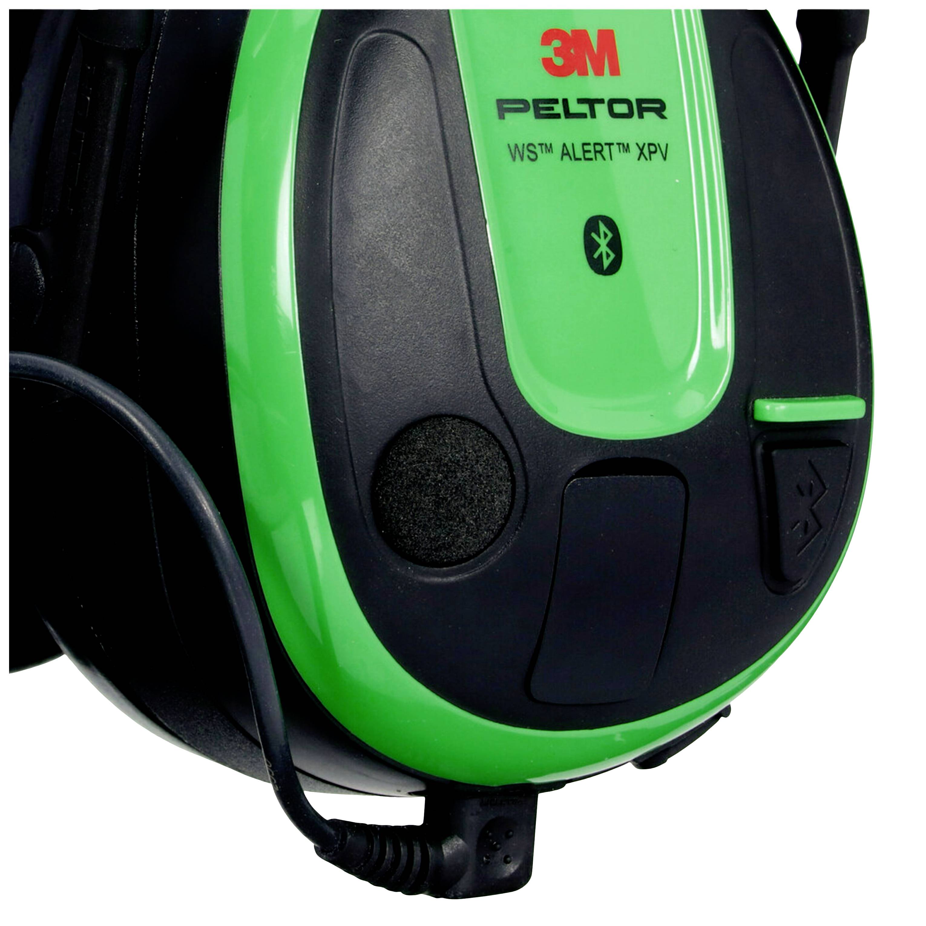 Casques antibruit 3M Peltor verts et noirs avec fonction Bluetooth pour écoute sans fil, modèle 'WS ALERT XPV'.