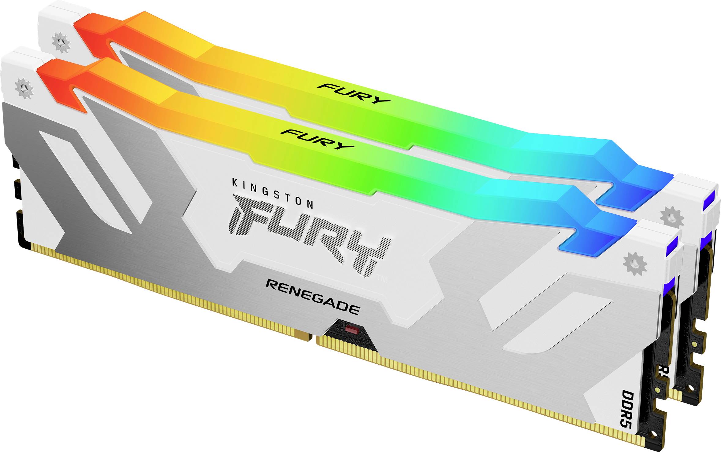 Deux modules de RAM DDR5 Kingston Fury Renegade avec dissipateur thermique argenté et éclairage RVB au-dessus du module.