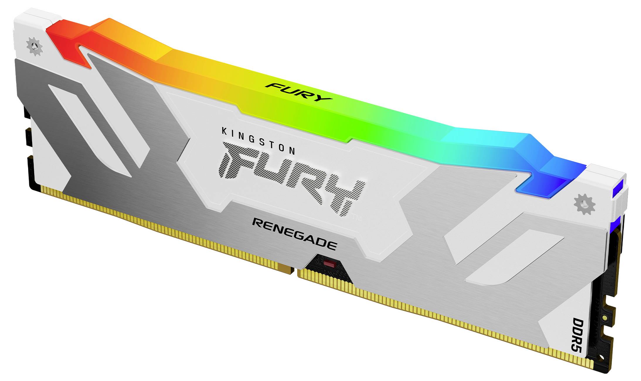 Module RAM DDR5 de Kingston avec éclairage RVB, marqué 'Fury' et 'Renegade'. Principalement argenté avec des lumières colorées.
