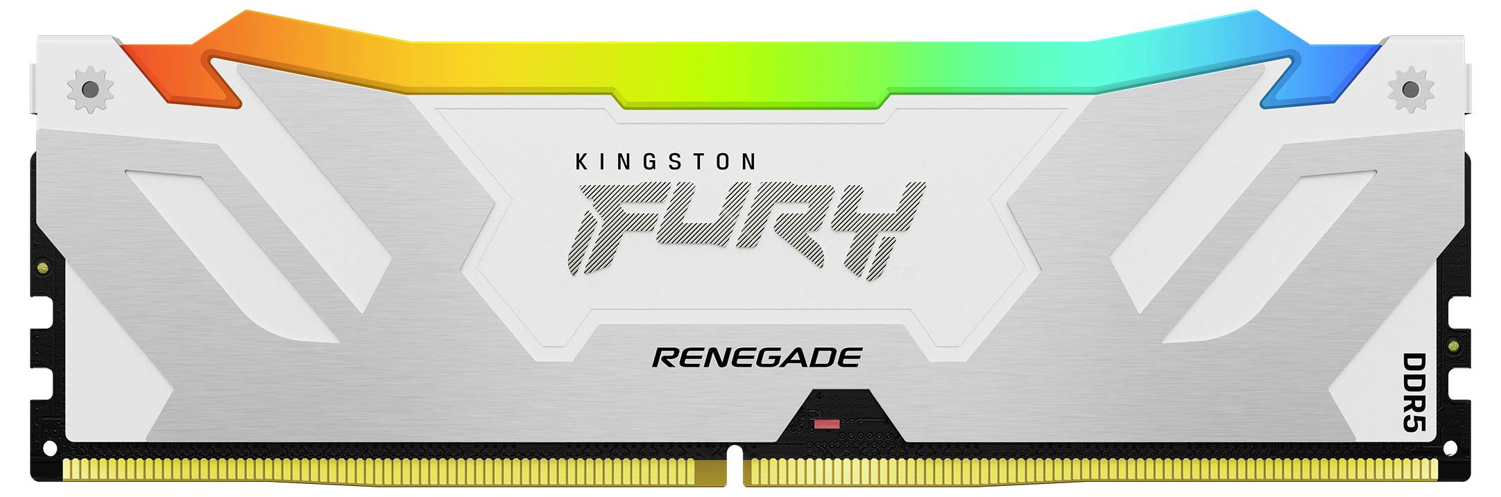 Module de RAM de Kingston portant l'inscription 'Fury Renegade DDR5', design argenté avec un dégradé de couleurs LED en haut.