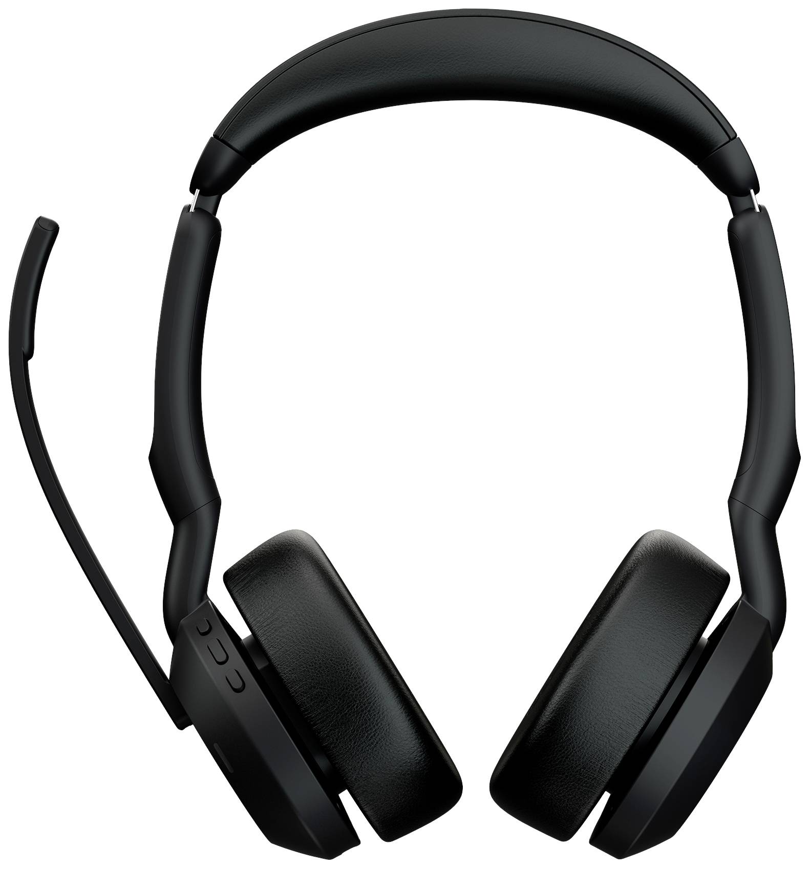 Casque noir à écouteurs circumauraux avec microphone fixe, arceau rembourré et coussins d'oreille, adapté pour la communication et l'audio.