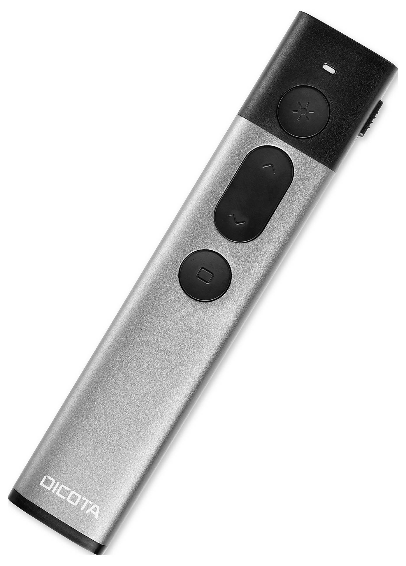 Un pointeur de présentation argenté avec des touches noires, comprenant deux touches circulaires et une touche rectangulaire.