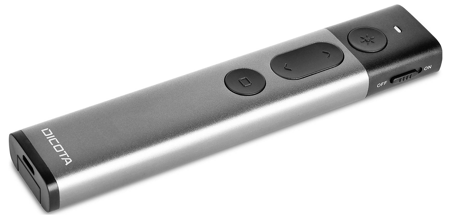 Pointeur de présentation élégant en argent avec plusieurs boutons pour contrôler les diaporamas.