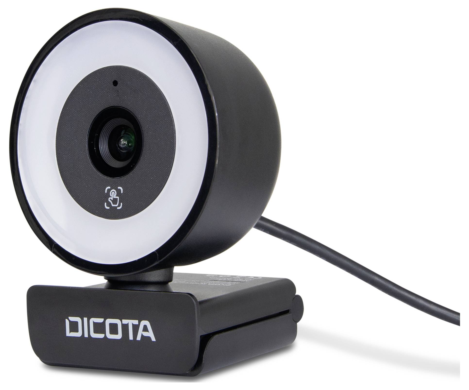 Webcam noire au design rond avec microphone intégré, posée sur un support pliable. Marque : Dicota. Câble connecté.