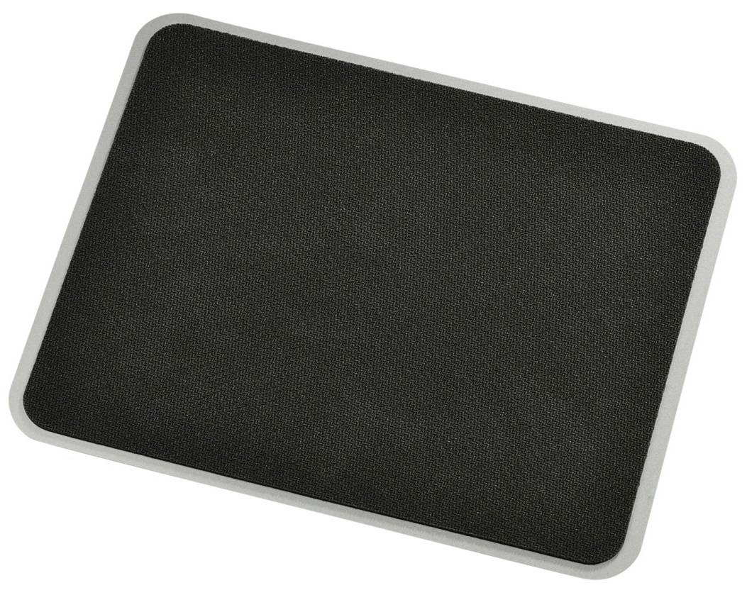 Un tapis de souris rectangulaire noir aux coins arrondis sur un fond blanc.