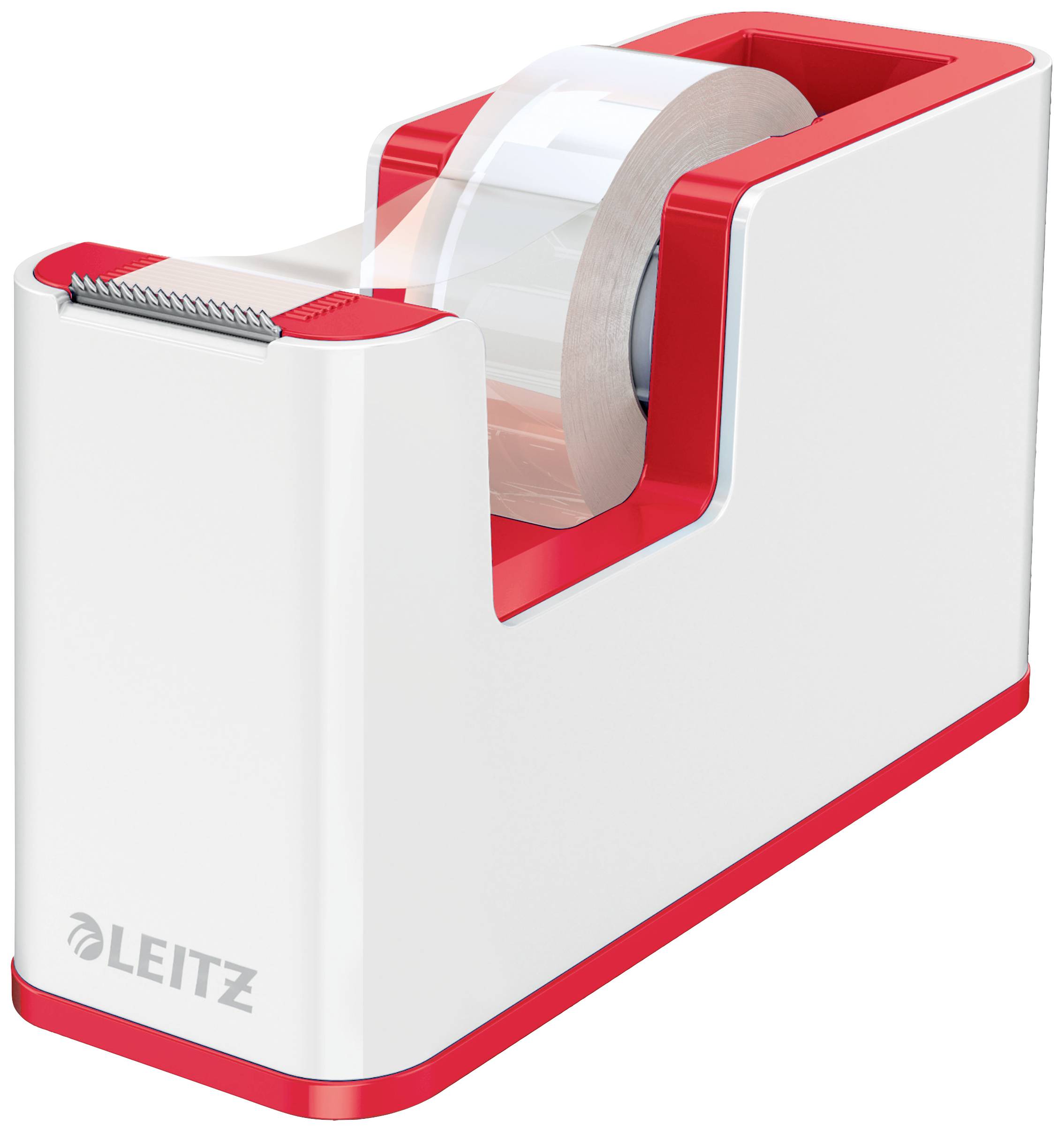 Un dévidoir de ruban adhésif blanc et rouge de la marque 'Leitz' avec un coupe-ruban métallique intégré.