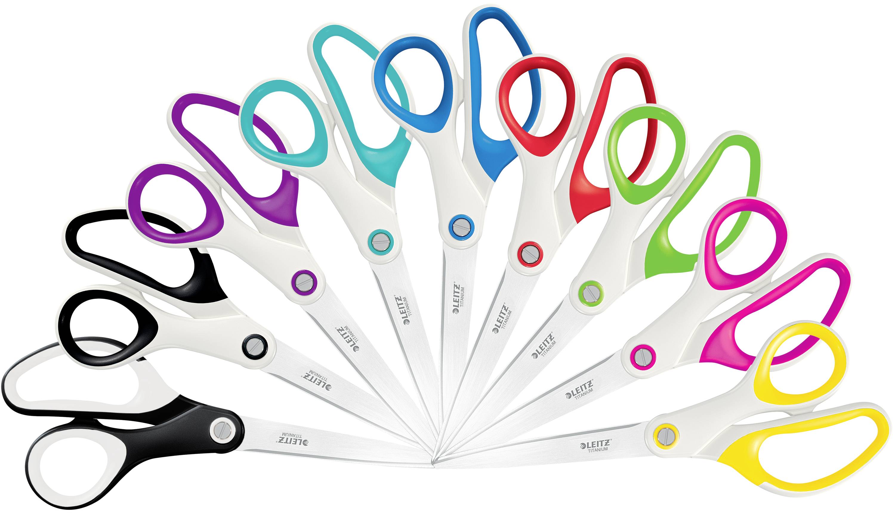 Ciseaux multicolores disposés en éventail. Chaque ciseau a un design de poignée coloré : rouge, bleu, vert, jaune, rose, violet et noir.