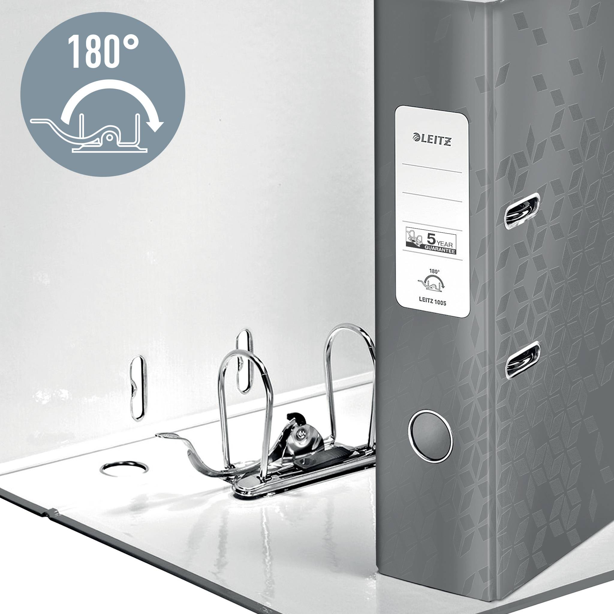 Classeur vertical avec motif gris et mécanisme à 180°, de la marque 'Leitz', offrant 5 ans de garantie. Adapté pour un rangement simple de documents.