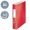 Classeur Leitz A4 rouge pour 350 feuilles avec fermoir à clip, motif géométrique et étiquette sur le côté pour l'étiquetage.