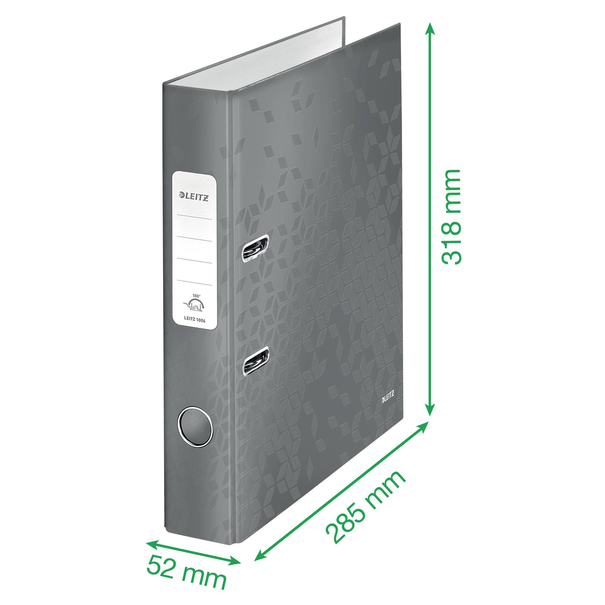 Illustration d'un classeur gris Leitz avec les dimensions suivantes : largeur 52 mm, profondeur 285 mm, hauteur 318 mm. Le classeur est équipé de deux anneaux métalliques.