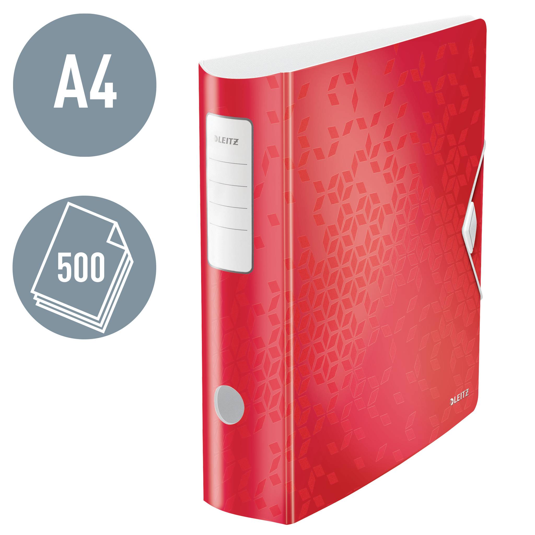 Classeur A4 rouge, adapté pour jusqu'à 500 feuilles, avec motif géométrique et languette de fermeture. Idéal pour la papeterie de bureau.