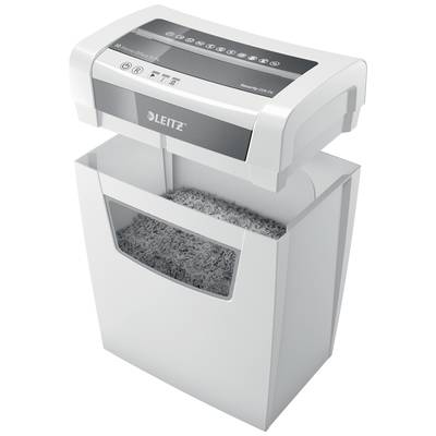 Un destructeur de documents blanc de Leitz avec un bac de récupération plein de papier déchiqueté, adapté à l'usage de bureau.