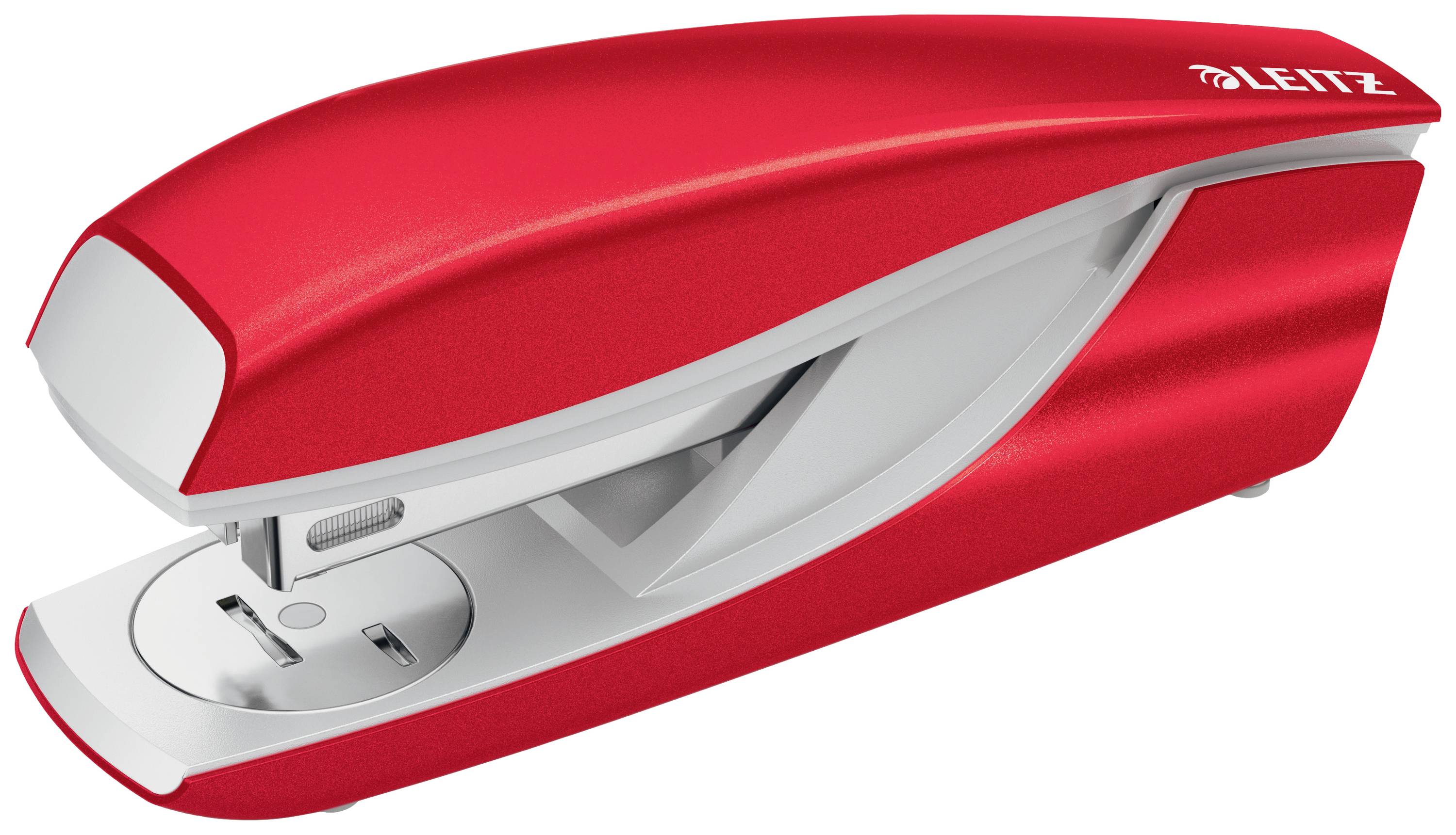 Classeur à levier rouge de Leitz, ouvert et prêt à être utilisé, sur fond blanc.