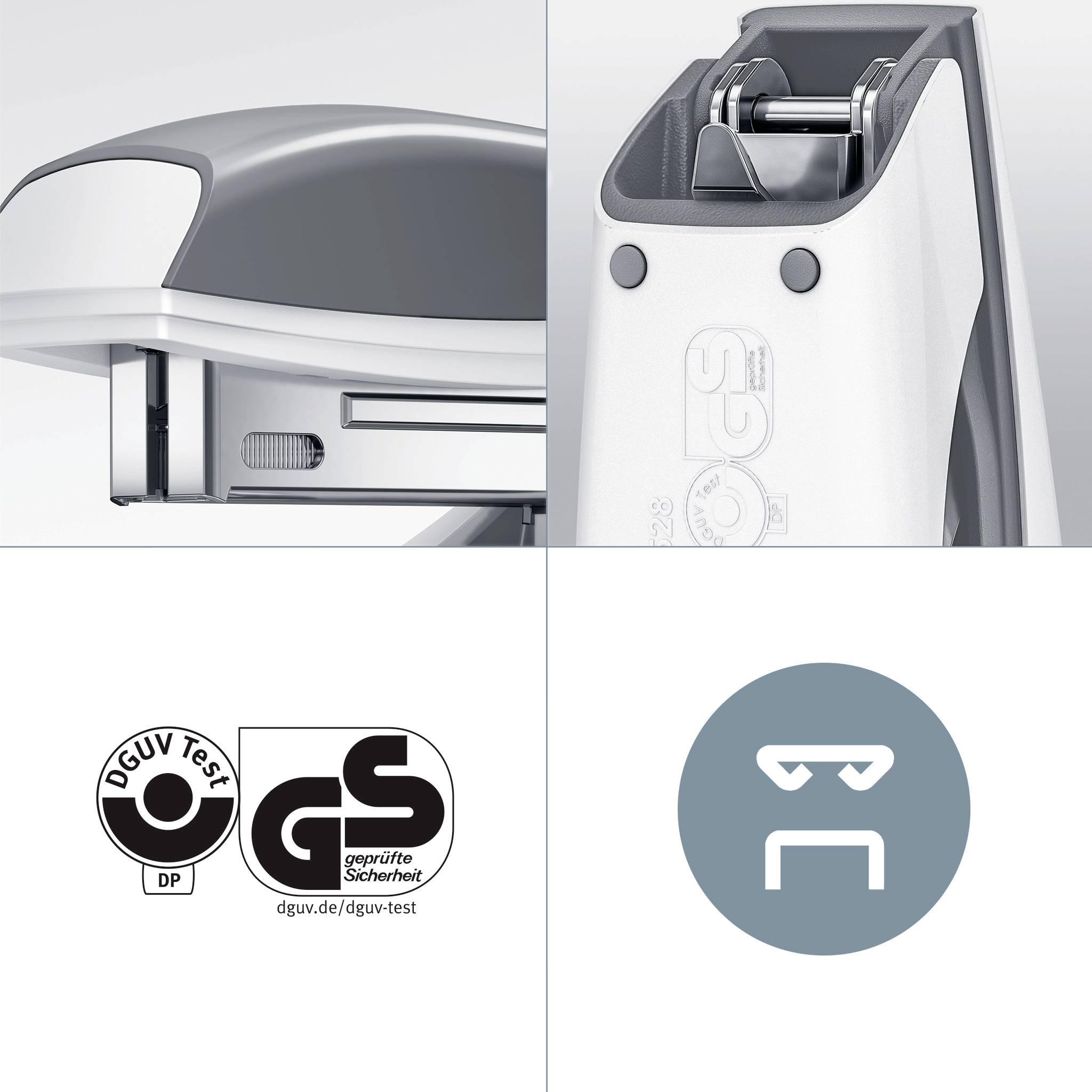 'Boîtier en aluminium', 'Design sans découpe', 'Test DGUV' et le sceau 'Sécurité certifiée GS' sont représentés.