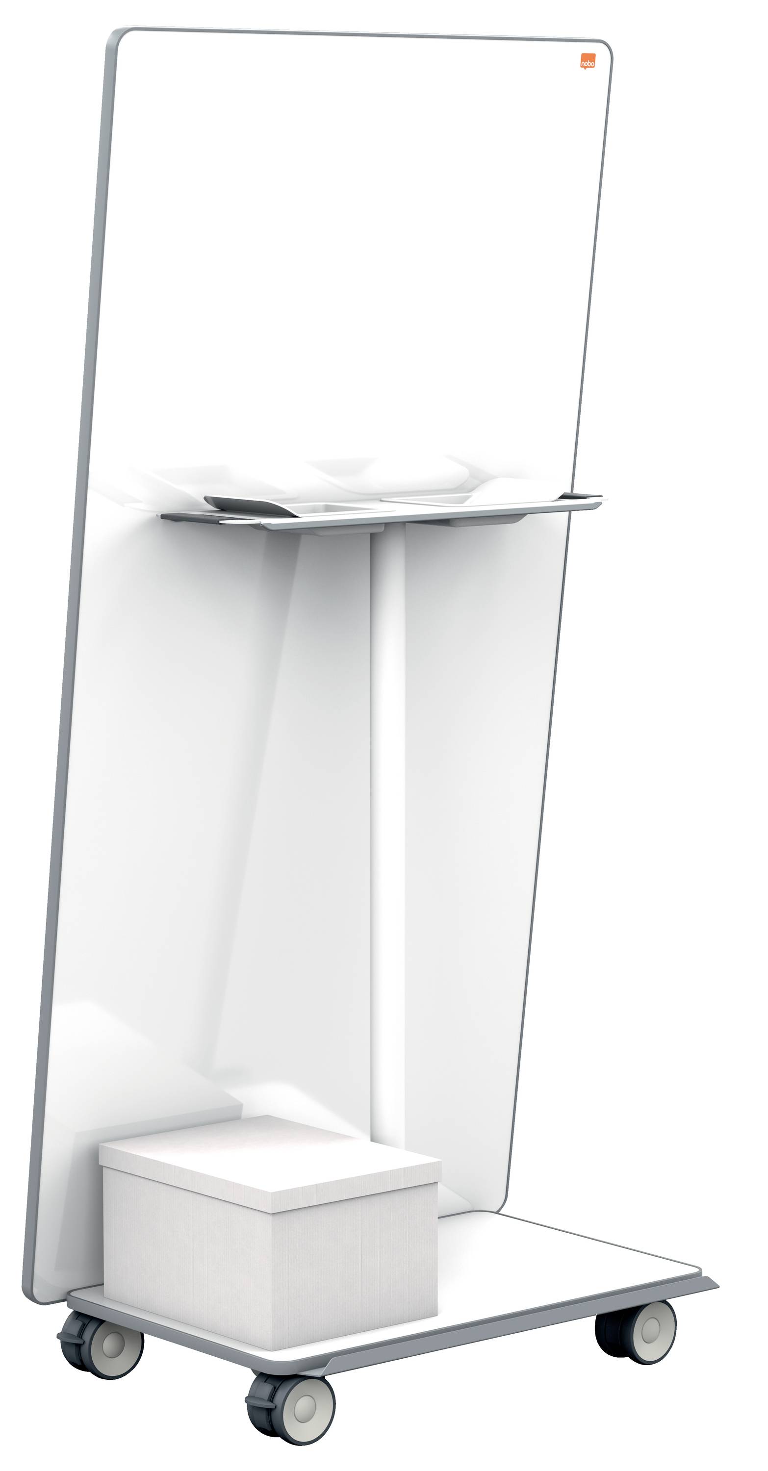 Un tableau blanc mobile blanc avec une surface de rangement et un tiroir sur roulettes. Idéal pour les présentations et les réunions.