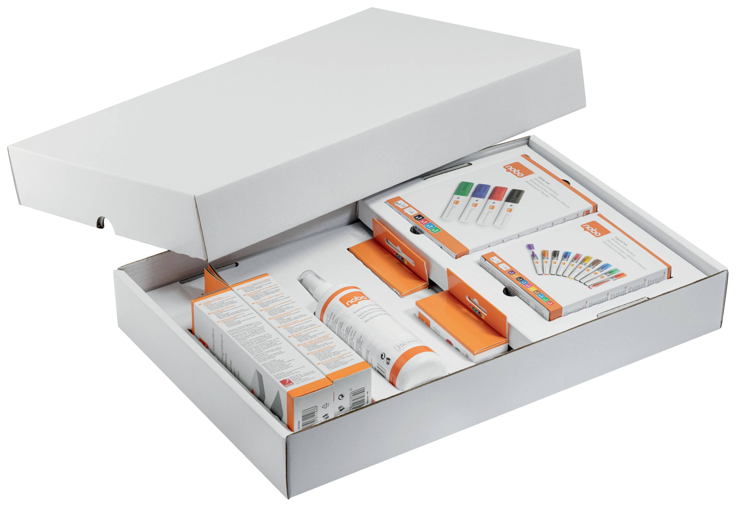 Un carton blanc ouvert présente plusieurs produits vitaminés colorés dans des emballages orange et blanc. Une variété de produits pour la santé et le bien-être.