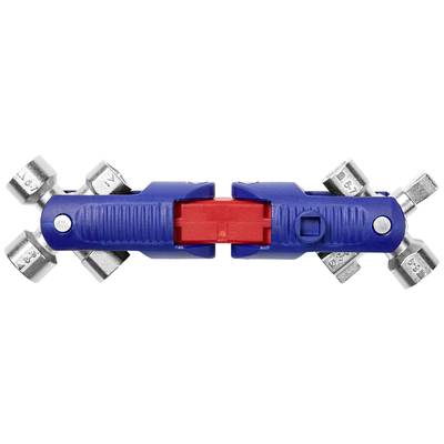 Outil multifonction avec huit embouts de vissage différents, bleu et rouge, pour l'installation et la maintenance des équipements sanitaires.