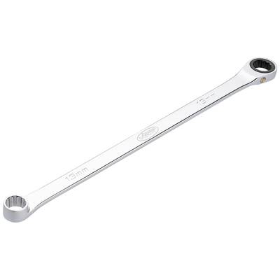 Une clé à anneau en argent à deux extrémités de tailles différentes, 13 mm et 19 mm, sur un fond blanc.