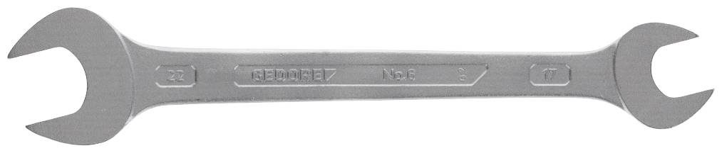 Une clé à double tête galvanisée avec des embouts ouverts. À gauche '22 mm', à droite '24 mm'. Inscription au centre 'GEDORE 7'. Adaptée au desserrage des vis.