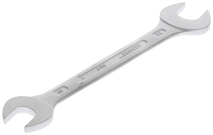 Une clé à fourche en argent avec deux tailles différentes à chaque extrémité, un côté portant l'inscription '21', l'autre côté '23'.