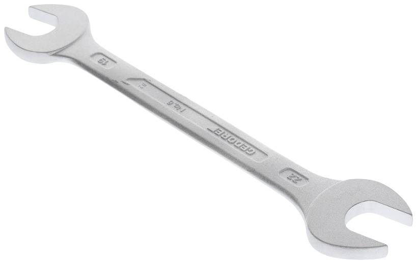 Une clé à double fourche en argent de 19 mm et 22 mm, vue diagonale, sur fond blanc.
