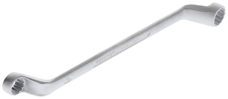 Une clé polygonale en argent avec deux extrémités de tailles différentes, formant une forme d'outil fonctionnelle.