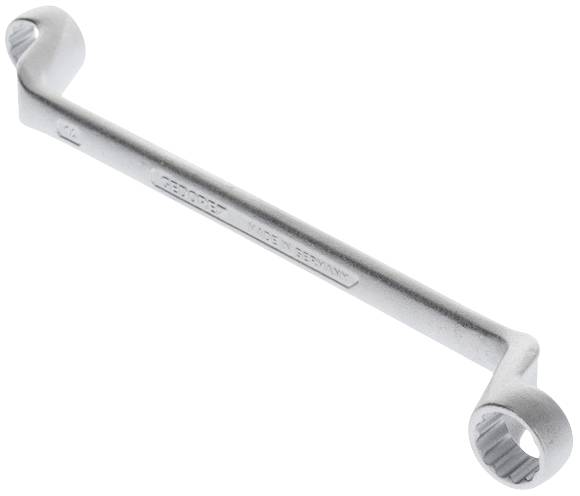 Clé à fourche en métal, légèrement inclinée en diagonale, avec des extrémités striées pour une meilleure prise sur les vis ou les écrous.
