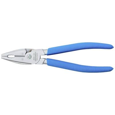 Pince multifonction à poignée bleue avec tête argentée, logo de marque et dentelures pour une préhension et une coupe polyvalentes de matériaux.