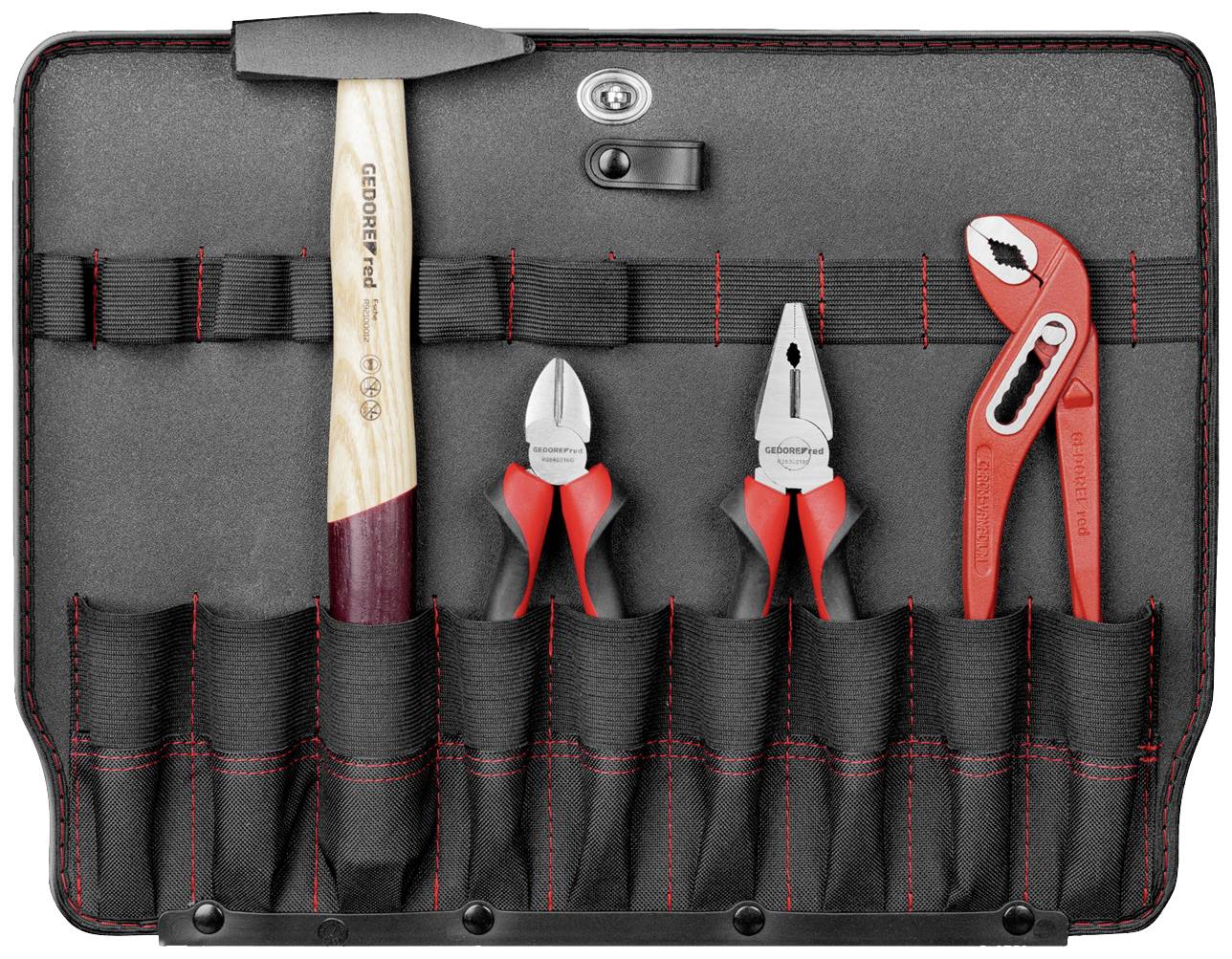 Trousse à outils contenant un marteau, une pince, un coupe-câble et une clé à tube, tous munis de poignées rouges et organisés dans des supports séparés.