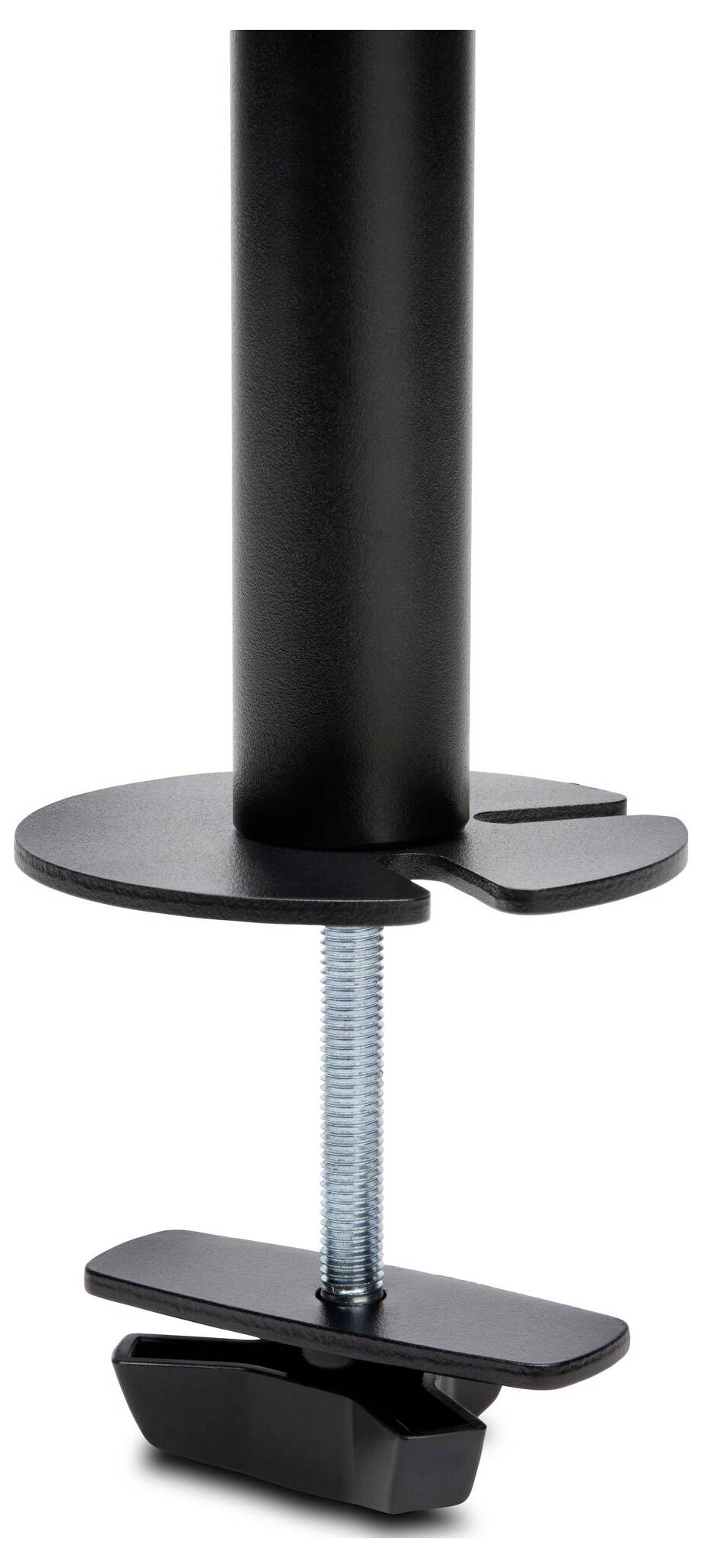 Une pince en métal noir avec une vis filetée. Elle est utilisée pour fixer des objets à une surface, avec une base ronde et une prise réglable.