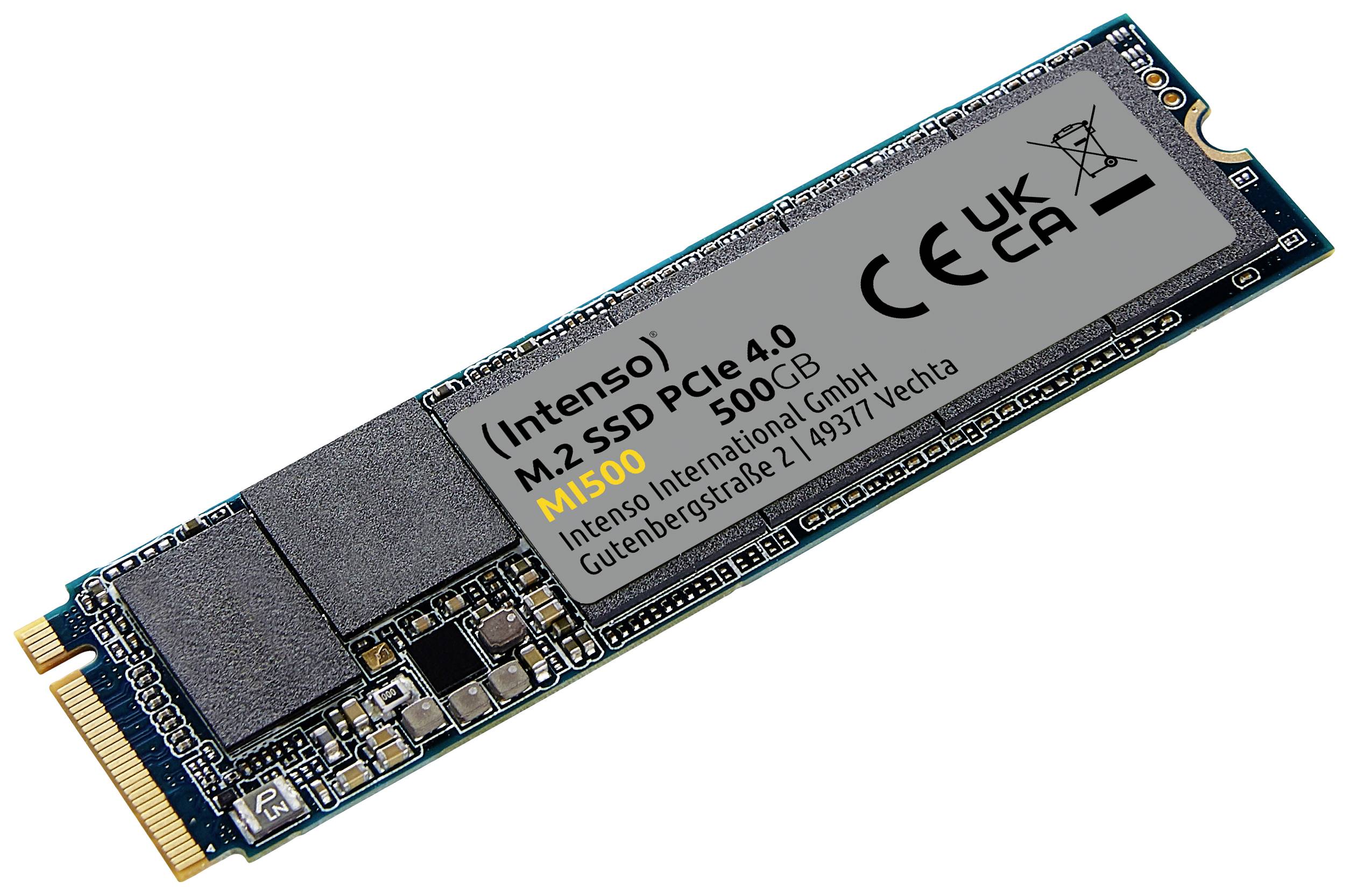 SSD M.2 d'Intenso avec interface PCIe 4.0, capacité de stockage de 500 Go. Contient des étiquettes de marque et de certification.