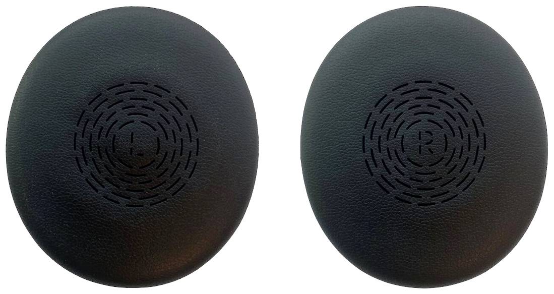 Deux objets noirs, ronds et plats avec des motifs perforés au centre, probablement des couvercles d'enceintes.