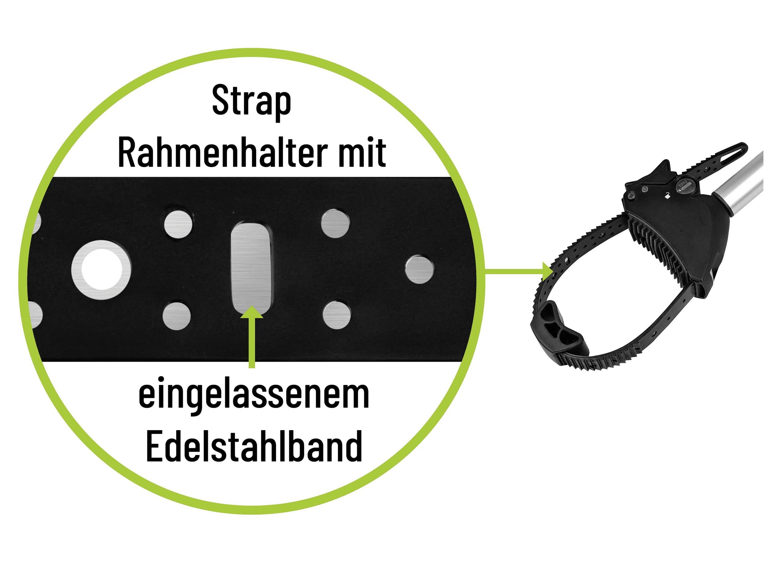 'Strap Rahmenhalter avec bande en acier inoxydable encastrée' présente un bracelet noir avec des trous et une bande en acier inoxydable intégrée.