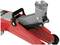 Un cric hydraulique rouge utilisé pour soulever des véhicules. Il possède une poignée noire et un mécanisme de levage argenté.