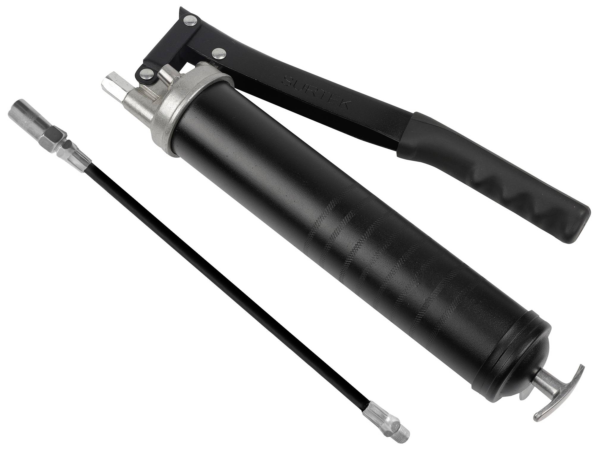 Presse à graisse noire avec buse et poignée amovibles, utilisée pour la lubrification des machines et des outils.