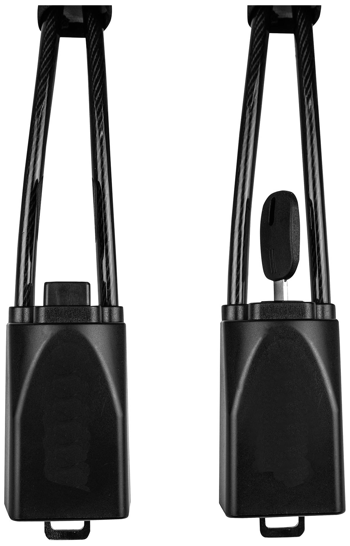 Deux supports de sacoche de vélo noirs en matériau robuste, dépliés, au design élégant pour un transport facile et un maintien sécurisé.