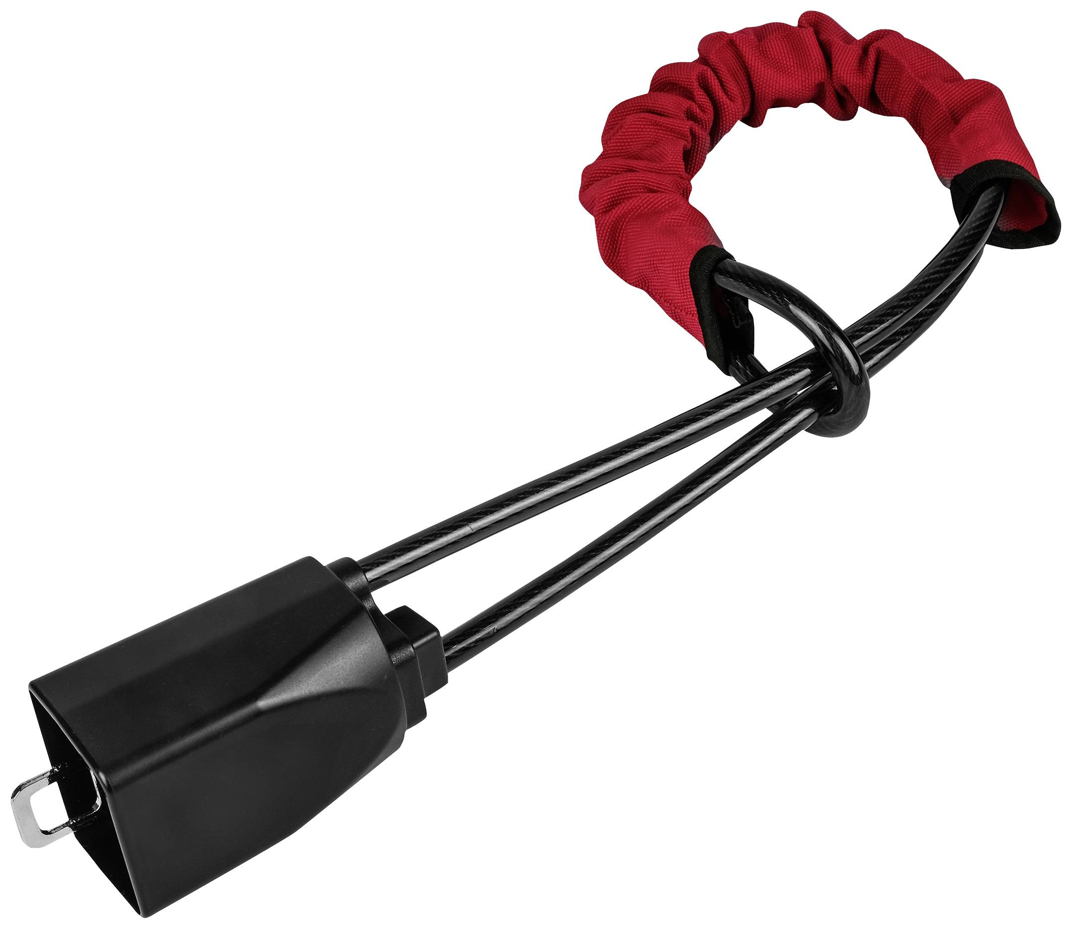 Un cadenas de vélo noir avec une gaine en tissu rouge, composé d'un câble solide et d'un mécanisme de verrouillage robuste.