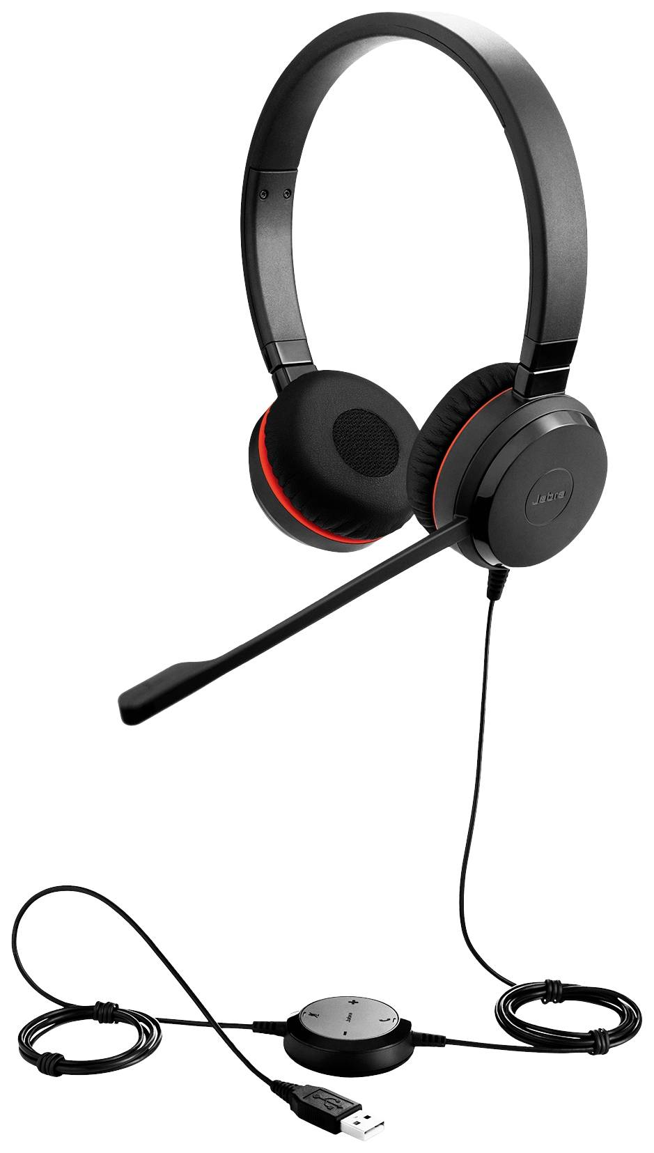 Casque USB noir avec microphone, arceau ajustable et coussinets d'oreille doux. Câble de connexion avec commandes intégrées. Idéal pour la communication sur PC.
