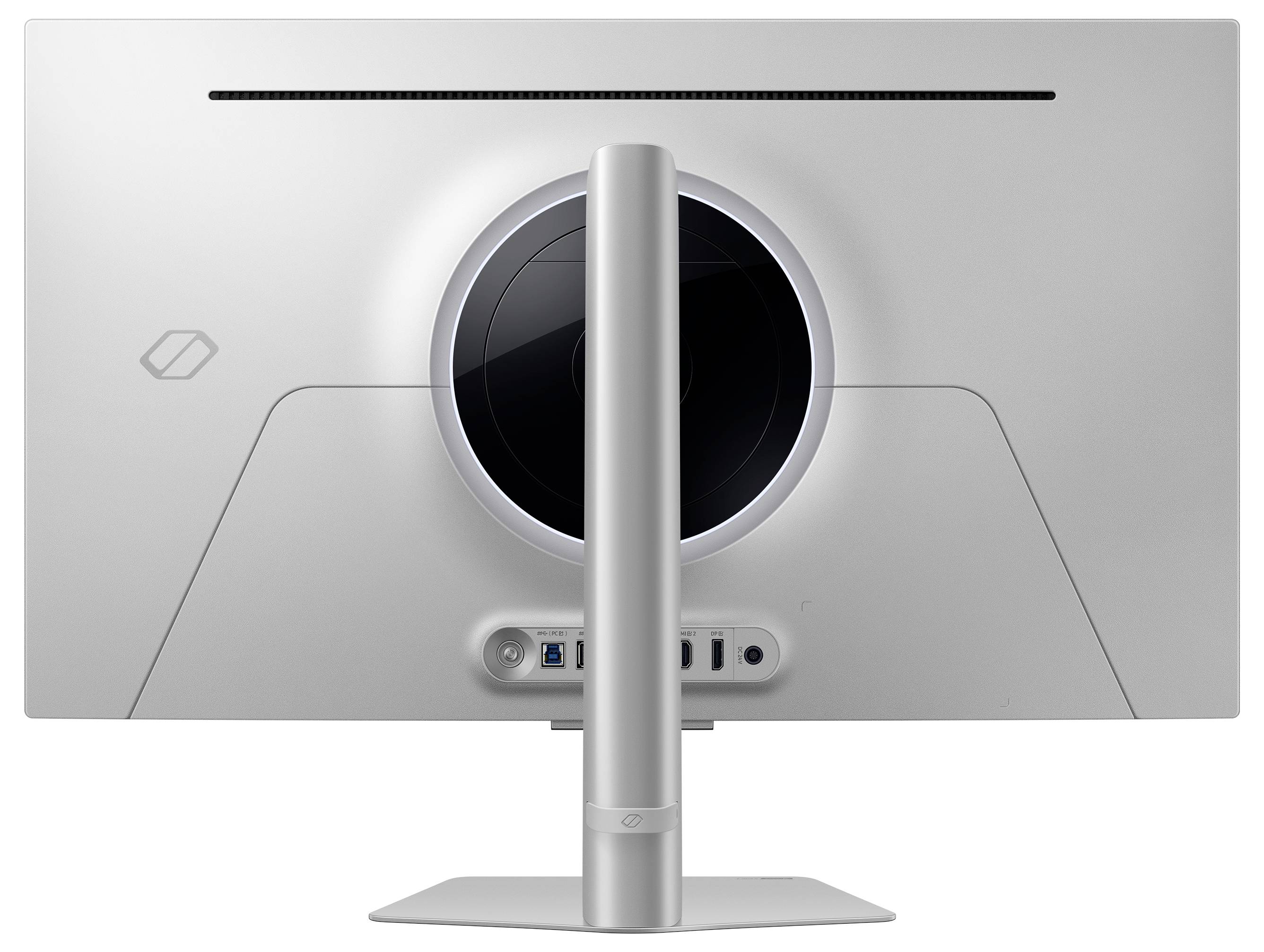 Un moniteur d'ordinateur moderne en argent avec un design arrondi, vu de dos. Il est équipé d'un support central et de ports de connexion.