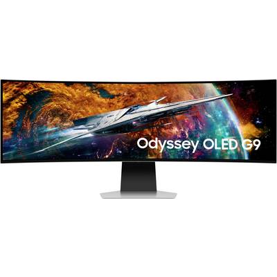Un écran ultra-large avec un vaisseau spatial volant à travers l'espace. Texte 'Odyssey OLED G9' sur l'écran.